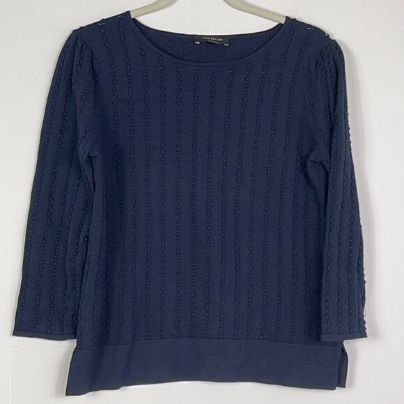 Ann Taylor Stitched Puff Sleeve Sweater, Size Medium, Navy Blue - Picture 1 of 8